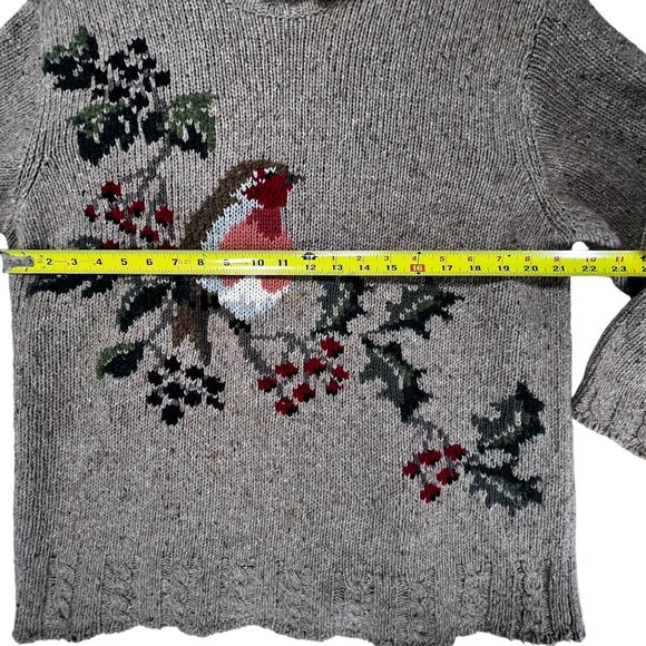 Talbots Knit Sweater Robin Bird Holly Branch Khaki Brown Collar Casual Comfy LG - Picture 11 of 12